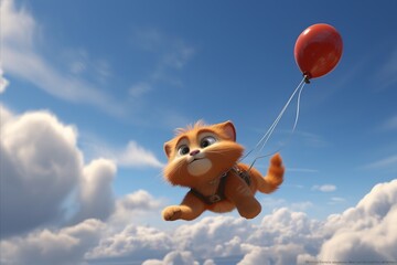 Playful and funny 3d red cat holding balloon, flying in the sky with geometric forms - close up art - obrazy, fototapety, plakaty