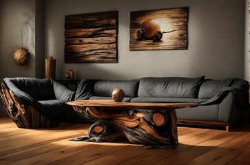 Scandinavian home interior design of modern living room with sofa, pillows coffee table. Generative ai