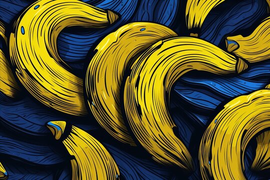 Vibrant yellow bananas on solid blue background - simple colorful abstract art seamless pattern