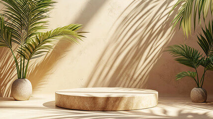 Obraz premium Empty round podium, Mockup. Beige background for product presentation with shadow of tropical palm leaves.