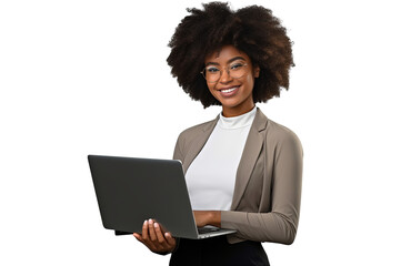 Black woman holding a computer while looking into camera and smiling isolated on transparent background PNG