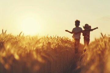 Fototapeta na wymiar Two children friends cousins running through wheat field joy freedom in nature summer spring happiness childhood games play funny experience fun sunset countryside growth boy girl future rural scene
