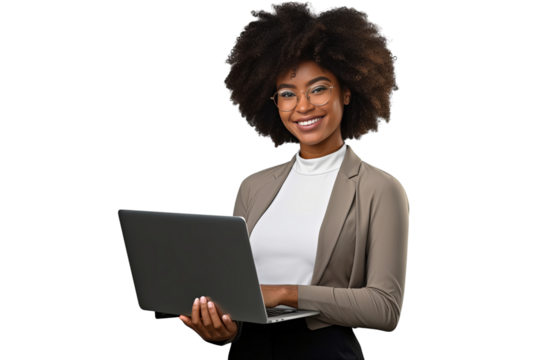 Black woman holding a computer while looking into camera and smiling isolated on transparent background PNG