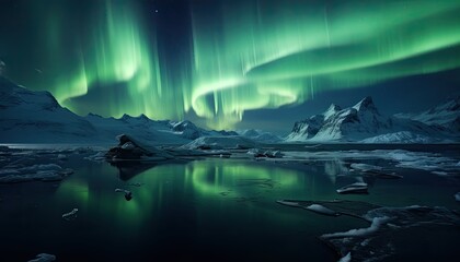 Naklejka premium View of night sky with multicolored aurora borealis and snowy mountains peak background. Night glows in vibrant aurora reflection on the lake with forest. 