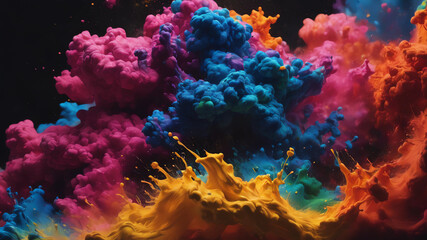 Obraz na płótnie Canvas Colorful cloud of paint in a dark background. Vibrant and dynamic abstract image of paint splashing