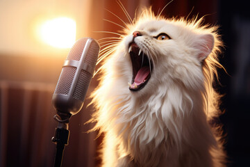 Photo of singer cat singing into microphone