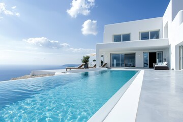 Fototapeta na wymiar White minimalistic villa with swimming pool on the background of a blue sky