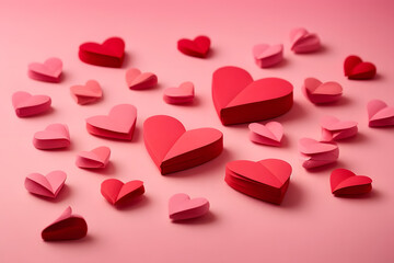 Valentine week, Love Background of a collection of red and pink paper hearts arranged at the bottom of a light pink background.

