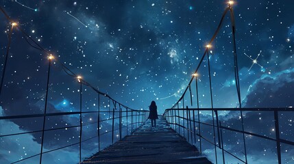 Silhouetted Figure on Illuminated Suspension Bridge Under Starry Night Sky