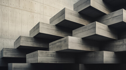 Arquitectura brutalista, minimalista, de hormigón visto con formas geométricas monocromáticas
