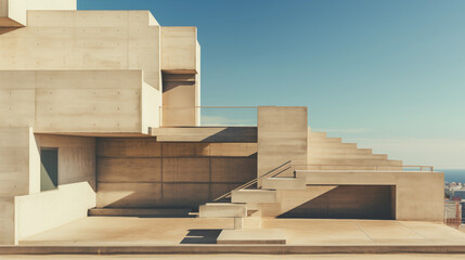 Arquitectura brutalista, minimalista, de hormigón visto con formas geométricas monocromáticas
 - obrazy, fototapety, plakaty