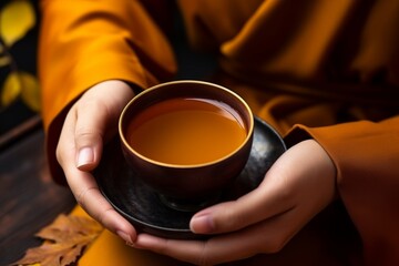 Young woman hands holding aromatic teacup cup of masala chai tea hot steaming beverage morning comfy comfortable breakfast drinking warm refreshing herb natural drink home rest steam aroma liquid