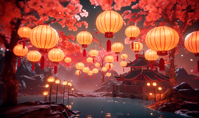 Chinese lanterns hanging on cherry blossoms and sakura background. Festive 3d decoration in round shape made of paper with red thread tails to celebrate asian new year according to lunar calendar