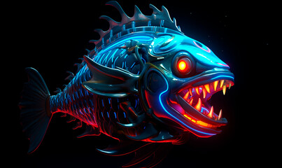 Cyber piranha with neon teeth background. Ferocious purple 3d predatory techno fish with open glowing mouth and eyes with steel fins and digital scales - obrazy, fototapety, plakaty