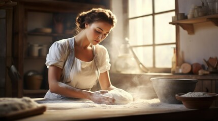 Girl kneads dough in bakery. Woman works as baker and makes bread. Vintage retro bakery interior.