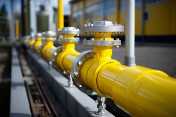 Close up steel pipes natural gas concrete supports supplying propane factory tanks valves. Production energy resources economy pipeline oil industry drainage system water transport business gasoline