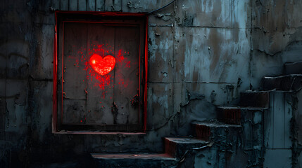 Red Heart in Window on Wall, Symbol of Love and Affection