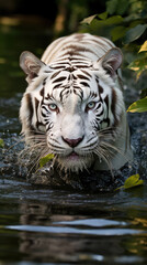 Fototapeta premium Photo of white noble tiger running through water