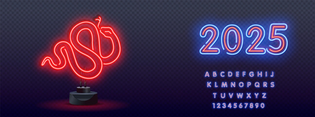 2025 number icon. Happy New Year. Set of neon sign. Casino style on dark background.
