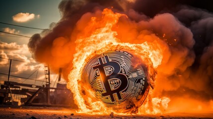 Burning bitcoin coin, visual representation of unsuccessful cryptocurrency investment ventures, banner - obrazy, fototapety, plakaty