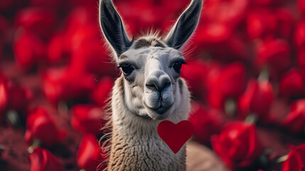 Llama Holding Red Heart in Mouth, Love and Affection Symbol