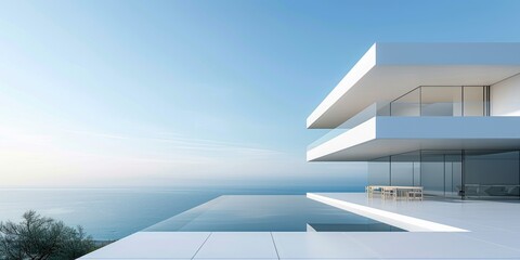 White minimalistic villa with swimming pool on the background of a blue sky - obrazy, fototapety, plakaty