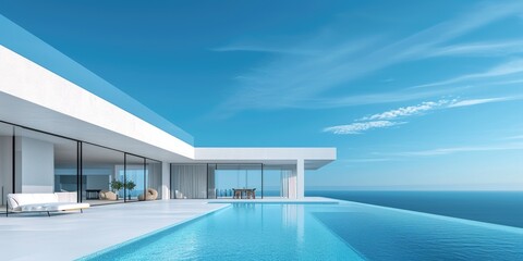 White minimalistic villa with swimming pool on the background of a blue sky