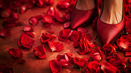 Red Shoes Placed on a Pile of Rose Petals