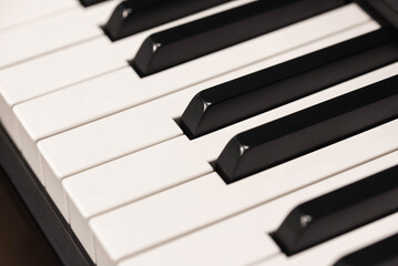 Classic Piano Keys, Traditional Black and White Keyboard Close up with selective focus