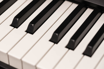 Classic Piano Keys, Traditional Black and White Keyboard Close up with selective focus