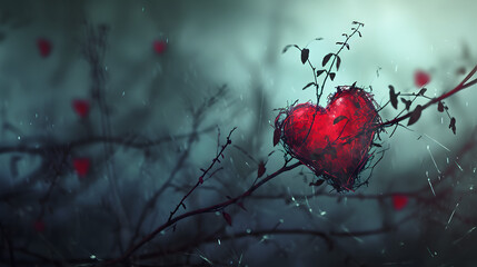 Red Heart Resting on Tree Branch, Symbolizing Love and Nature