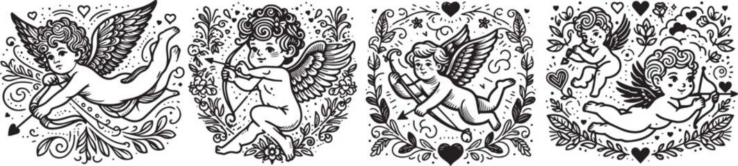 Cupids, baby angels with wings, vector graphics black and white collection set