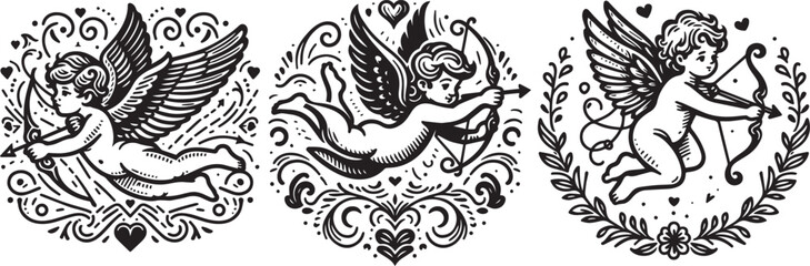 Cupids, baby angels with wings, vector graphics black and white collection set
