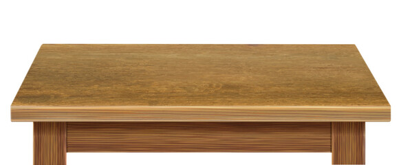 Wooden table realistic isolated. Tabletop brown front view, wood surface. 3d vector mock up