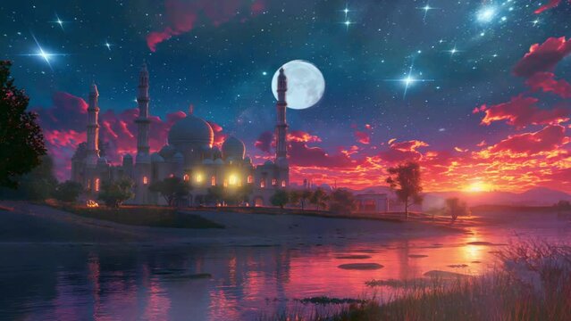 Beautiful fantasy night view of mosque with stars and moon. Amazing Islamic architecture design looping animation footage video background
