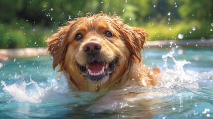 Playful Dog Retrieving Toy and Splashing in Pool AI Generated