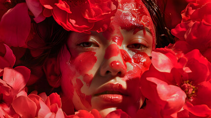 Woman With Red Makeup and Flowers Adorning Her Face
