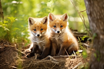Cute fluffy baby red foxes sitting in a summer forest.