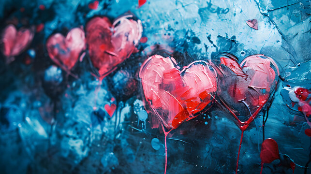 Red Hearts Painting on Blue Background - Love Artwork Photo Print