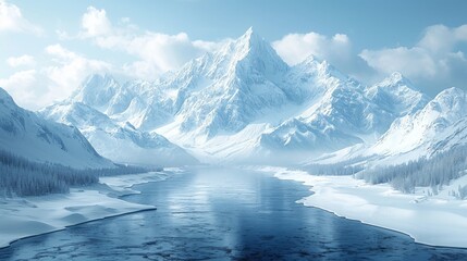 Aerial View of Snowcapped Winter Mountains and Frozen River AI Generated