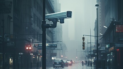 Surveillance camera on city street. Security concept. Modern CCTV and technology. - obrazy, fototapety, plakaty