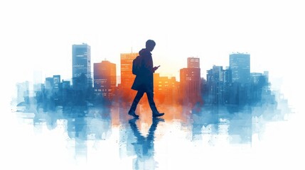 Executive Man Walking Down Avenue with Smartphone AI Generated