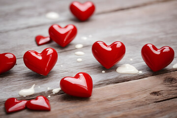 Valentine week, Love Background of images of glossy red heart-shaped objects on a wooden background with white paint.