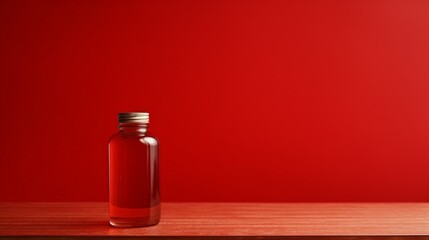 An oil bottle place on a table at one corner  with red bakcground - Generative AI
