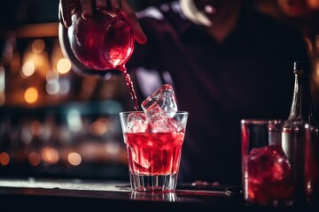 Barman pouring red cocktail into glass with ice cubes on bar counter, bartender barmen with cocktail preparing scotch whiskey with ice cube at bar, classic cocktail.