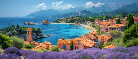 Cercles muraux Bleu Jeans Picturesque coastal village overlooking a serene bay, surrounded by lush nature and vibrant lavender fields. AI