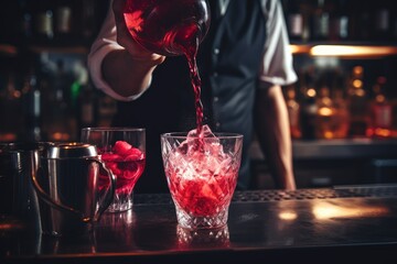 Barman pouring red cocktail into glass with ice and raspberries, red bitter liqueur, bartender...