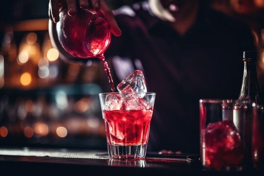 Barman pouring red cocktail into glass with ice cubes on bar counter, bartender barmen with cocktail preparing scotch whiskey with ice cube at bar, classic cocktail.
