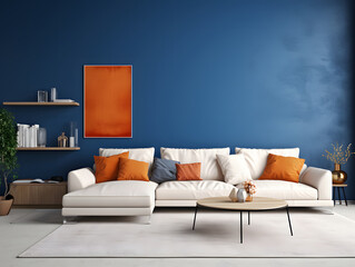 Modern living room with blue walls and a white couch