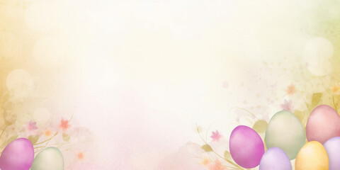 Fototapeta na wymiar a delicate, pastel-colored Easter banner with colored eggs and flowers on a defocused background with a place for text,the concept of creative Easter design,advertising and greeting cards